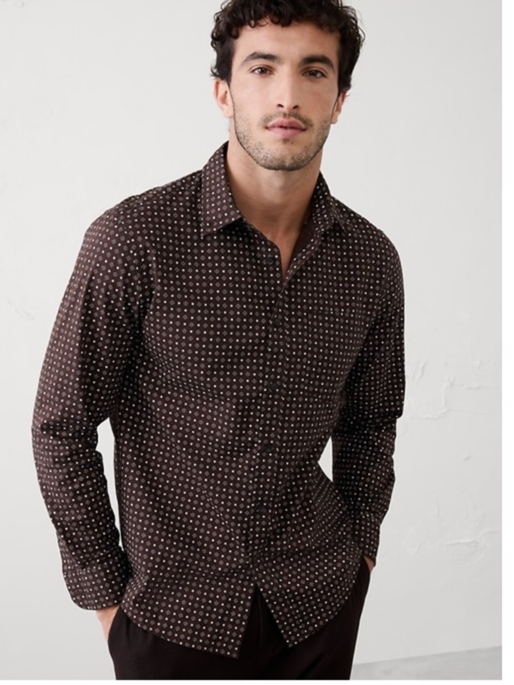 Banana Republic Slim-fit Softwash Cotton Shirt Size M Geo Brown